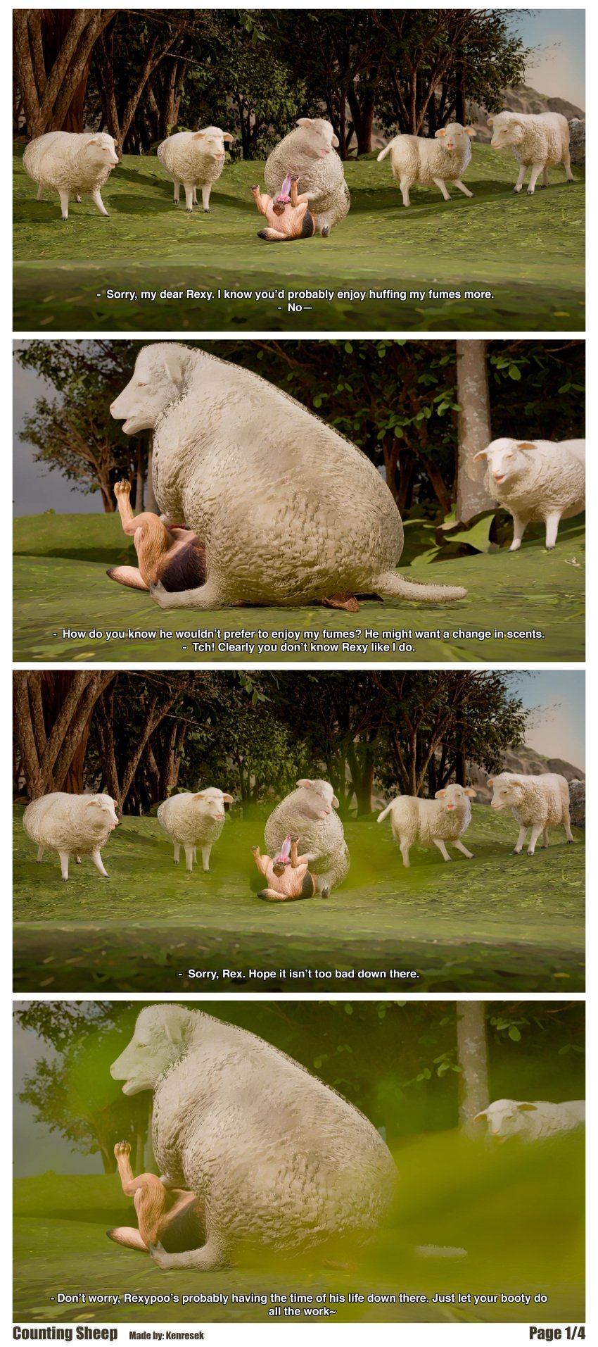 2025 absurd_res anus artist_name ass balls being_watched bovid brown_body brown_fur canid canine canis caprine claws comic dialogue digital_media_(artwork) domestic_dog ears_outwards english_text facesitting fart fart_cloud farting_on_another farting_on_face feral fur genitals german_shepherd grass green_fart_cloud group herding_dog hi_res kenresek knot knotted_penis looking_at_another male mammal open_mouth page_number pastoral_dog paws penis pivoted_ears plant sheep sitting_on_another subtitled tail text tree wool_(fur)
