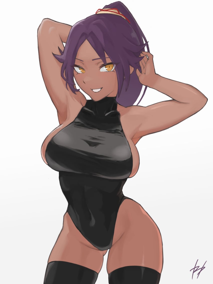 1girls adult adult_female arm_behind_head armpit armpit_crease armpit_peek armpits bewitching_thighs big_breasts black_leggings black_legwear black_leotard black_stockings black_thigh_highs black_thighhighs black_topwear bleach breasts brown-skinned_female brown_skin brown_skinned_female busty busty_female busty_girl child_bearing_hips collarbone elbows female female_focus female_only fertile_hips fingers fukuya_art groin hairless_armpits hand_behind_head high_resolution highres hourglass_figure large_breasts lean_figure leggings legwear leotard long_hair looking_at_viewer mature mature_female narrow_waist over-kneehighs parted_bangs plump_breasts ponytail posing posing_for_the_viewer purple_eyebrows purple_hair purple_hair_female seductive seductive_armpits seductive_body seductive_cleavage seductive_female seductive_hips seductive_pose seductive_posing seductive_thighs seductive_woman shaved_armpits shihouin_yoruichi shoulders simple_background slender_body slender_waist slim_waist smile smiley_face smiling smiling_at_viewer solo standing stockings thick_thighs thigh_gap thigh_highs thighhighs thighs topwear upper_body white_background wide_hips yellow_eyes yellow_eyes_female