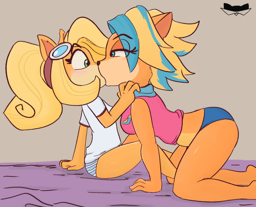 2girls activision anthro blonde_hair blush coco_bandicoot crash_(series) ear elgato17 eyewear fur furry hips kissing long_hair orange_fur panties pirate_tawna short_hair tawna_bandicoot tawna_bandicoot_(crash_4) thighs topwear underwear yuri