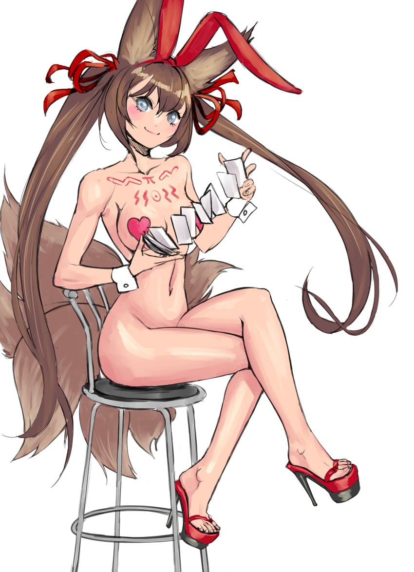 animal_ear_fluff animal_ears animal_tail blue_eyes blush breasts brown_hair caleen_keemosn chair commission crossed_legs elotika eyebrows_visible_through_hair fake_animal_ears female female footwear fox_ear fox_ears fox_girl fox_tail geta hair_between_eyes hair_ornament hair_ribbon hairband heart_pasties high_heels holding kemonomimi kitsune kitsunemimi long_hair looking_at_viewer makeup medium_breasts multiple_tails navel nude original pasties platform_footwear platform_heels rabbit_ears red_footwear red_ribbon ribbon runes sandals shoes sitting smile solo star_ocean star_ocean_anamnesis stool tail tattoo thighs twintails very_long_hair wrist_cuffs