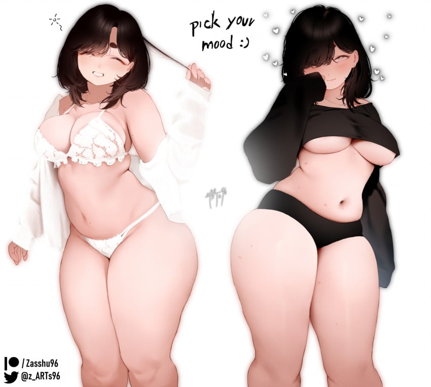 1girls ange_(zasshu96) breasts chubby chubby_female closed_eyes curvy female female_only hi_res navel one_eye_obstructed original plump smile solo solo_female thick_thighs underboob voluptuous voluptuous_female white_background wide_hips zasshu96