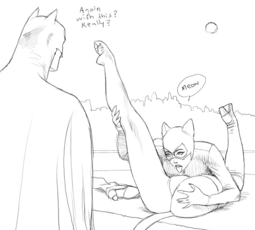 1boy 1girls artist_request autocunnilingus barefoot batman batman_(series) boots cape catsuit catwoman city cityscape clothed clothing cunnilingus cunnilingus_through_clothes dialogue duo english_text feet female footwear heel_boots human human_only humor imminent_cunnilingus imminent_oral leg_up legs looking_at_another male mask masturbation monochrome one_leg_up oral oral_sex outdoors rooftop shoe shoe_removed speech_bubble tagme tail text thigh_boots tongue tongue_out watching