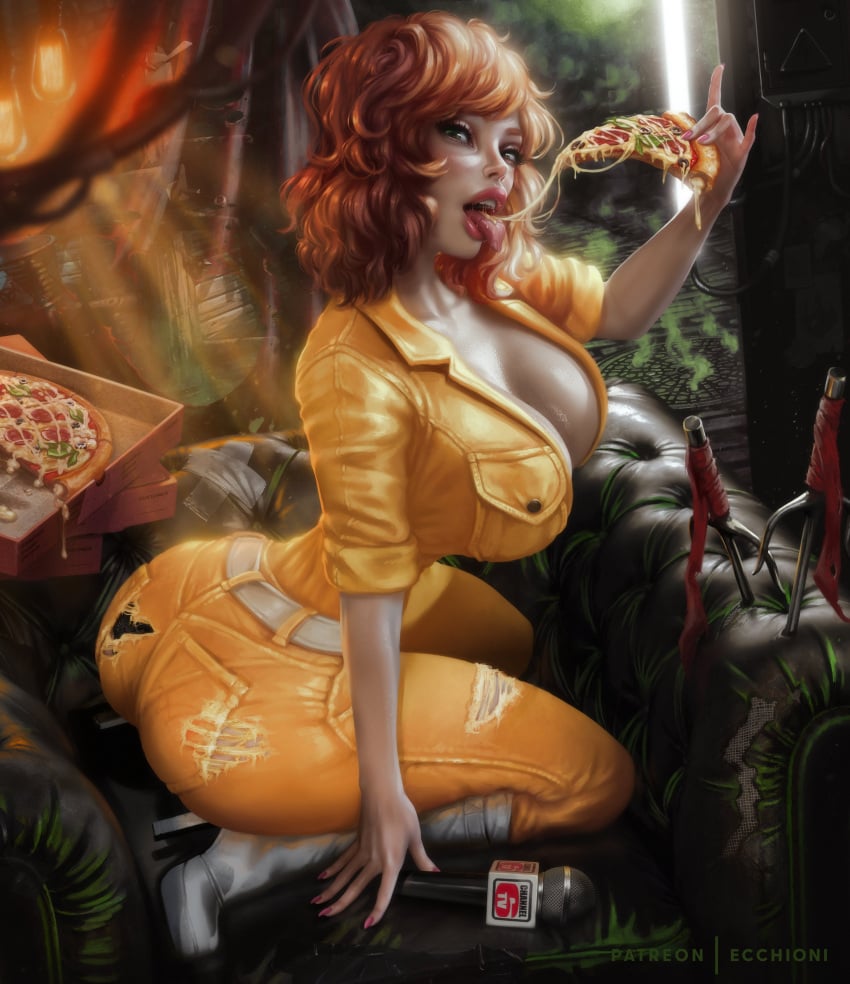 1girls april_o'neil april_o'neil_(tmnt_1987) arm_support ass breasts cleavage clothed ecchioni female food green_eyes hi_res high_heel_boots high_heels holding holding_food huge_breasts indoors jumpsuit kneeling looking_at_viewer microphone pinup pizza pizza_box pose realistic red_hair sai_(weapon) sofa solo solo_focus teenage_mutant_ninja_turtles tmnt_1987 tongue tongue_out torn_clothes