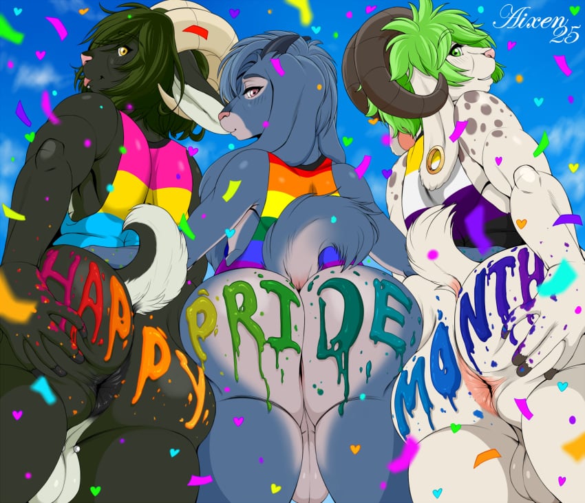 2025 2_horns aixen anthro anus aspen_(narm) ass backsack balls big_horn biped black_body black_hair blonde_hair blush blush_lines body_writing bottomless bottomless_male bovid bovid_horn caprine caprine_horn clothed clothing countershade_tail countershading day ear_piercing english_text eyebrows floppy_ears gauged_ear genitals goat group hair hi_res horn horn_size_difference lgbt_pride lgbt_pride_month long_ears looking_at_viewer looking_back looking_back_at_viewer low-angle_view male mammal mari_(mariart) outside piercing pink_body pink_hair pink_nose presenting presenting_hindquarters pride_colors rainbow_pride_colors ram_horn shirt short_hair short_tail small_horn spread_butt spreading tail tank_top text tongue tongue_out topwear trio white_body white_countershading writing_on_butt