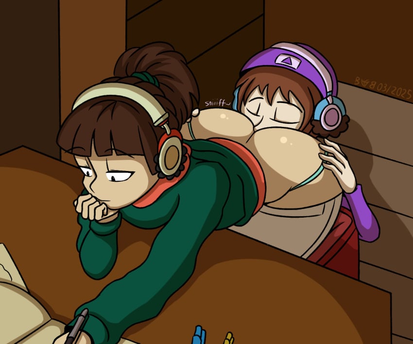 1boy 1girls 2025 ass ass_sniffing big_ass brown_hair butt_crack digital_media_(artwork) female green_panties green_sweater lofi_girl lowrise_jeans sniffing_ass straight studying synthwave_boy van_batthaus white_pants