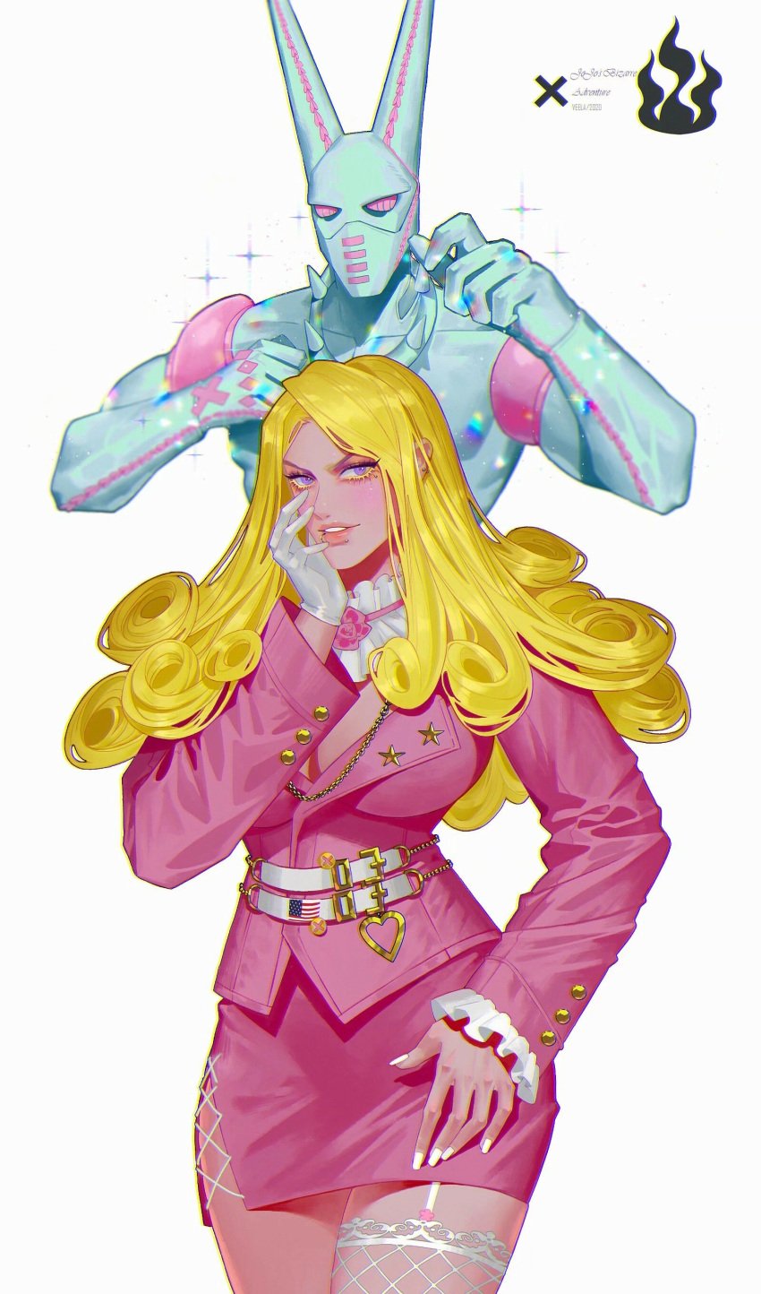 1girls blonde_hair breasts clothed dirty_deeds_done_dirt_cheap female funny_valentine human jewelry jojo's_bizarre_adventure light-skinned_female light_skin long_hair pencil_skirt piercing piercings purple_eyes rule_63 shounen_jump stand_(jjba) steel_ball_run veela_(artist) villainess