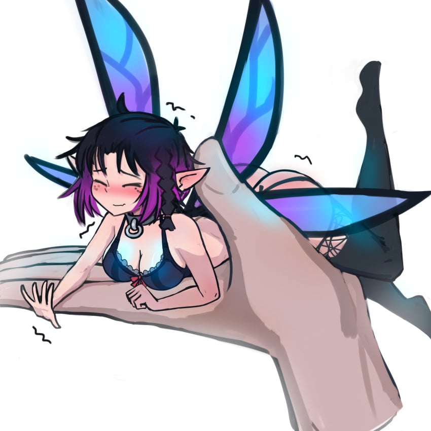 1girls black_bra black_garter_straps black_hair black_hair_female black_thighhighs blush blushing_female bra closed_eyes closed_mouth collar elf_ears fairy fairy_girl fairy_wings female female garter_straps hand lingerie lingerie_only metal_collar minigirl nradiowave original original_character pointy_ears sole sole_female tagme thighhighs tiny_girl two_tone_hair