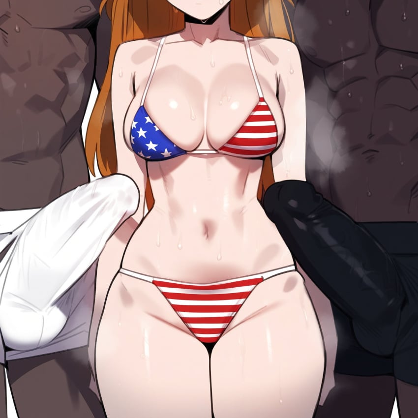 1girls 2boys abs ai_generated american_flag_bikini asuka_langley_sohryu bare_arms bare_legs bare_shoulders bare_thighs big_breasts big_penis bikini bikini_bottom bikini_top brown_hair bulge color coomersucc dark-skinned_male dark_skin female hi_res interracial large_breasts light-skinned_female light_skin long_hair male male/female muscles muscular muscular_male neon_genesis_evangelion netorare ntr pants_bulge thick_thighs
