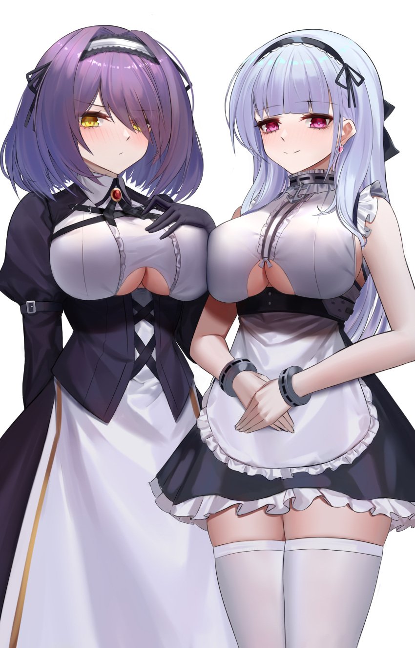 2girls anchor_choker azur_lane blush breasts dido_(azur_lane) earrings eternity_(shadeh) female female_only gloucester_(azur_lane) hairband large_breasts light-skinned_female light_skin looking_at_viewer maid maid_headdress maid_uniform pink_eyes purple_hair royal_navy_(azur_lane) thighhighs underboob underboob_cutout white_background yellow_eyes