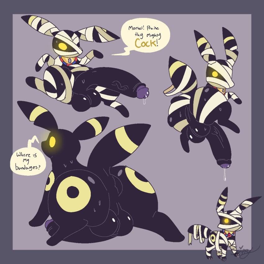 1:1 ass balls dialogue eeveelution feral generation_2_pokemon genitals glowing glowing_eyes gold_(metal) gold_jewelry hi_res jewelry male mummy mummy_wrappings nintendo penis pokemon pokemon_(species) snazzle_snapp solo speech_bubble umbreon undead yellow_eyes