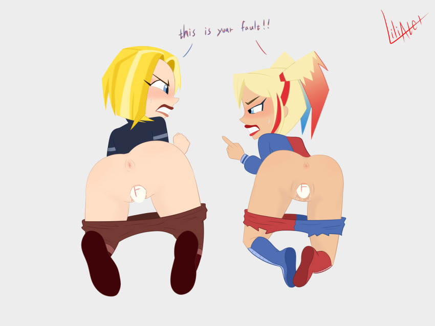 2girls anus arguing ass blush dc dc_comics dc_super_hero_girls egg english_text female female_only harleen_quinzel kara_danvers kara_zor-el liliater_(artist) multiple_girls object_insertion pants_down pussy rear_view text