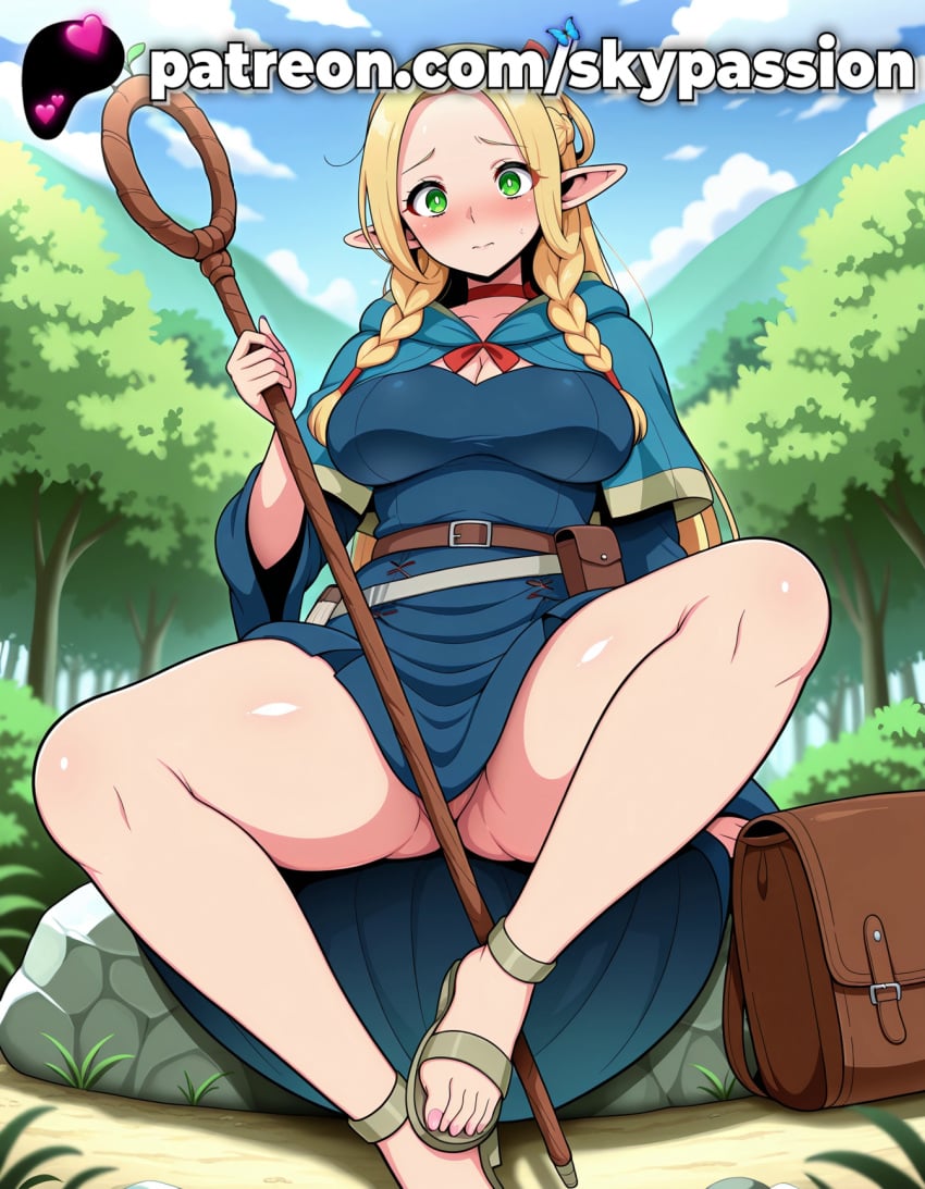 1girls 2025 ai_assisted ai_generated anime artist_name bag belt big_breasts big_breasts big_breasts big_chest blonde_hair blue_sky blush braid breast breasts breasts breasts bush bust busty chest cloud cloudy_sky day dungeon_meshi elf female_focus female_only forest grass green_eyes heart hi_res high_quality high_resolution highres holding_staff hood lake large_breasts legs_apart legs_spread log long_hair marcille_donato mountain mountainous_horizon nature no_panties open_legs outdoors park path patreon patreon_username pointy_ears river road sandals satchel sky skypassion solo splayed_legs spread_legs stable_diffusion staff tree tree_stump twin_braids watermark