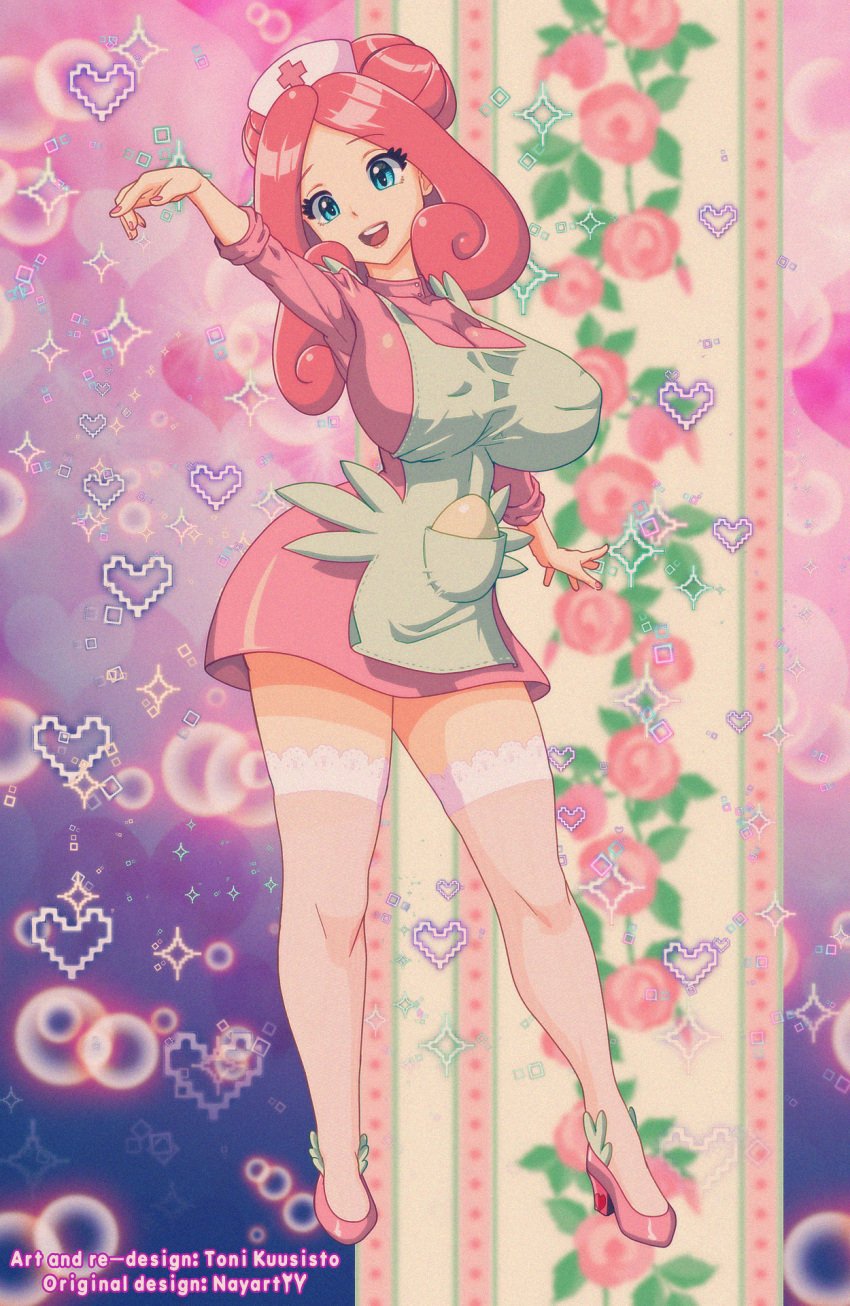 1girls alternate_breast_size alternate_hairstyle ankle_wings apron big_breasts blue_eyes breasts clothed covered_nipples double_bun egg female full_body heart_background highres hourglass_figure hourglass_figured_female lace-trimmed_thighhighs large_breasts nail_polish nurse nurse_cap nurse_joy open_mouth pencils_(artist) pink_dress pink_footwear pink_hair pink_heels pink_nails pink_thighhighs pokemon redesign sleeves_rolled_up solo upper_teeth_only zettai_ryouiki