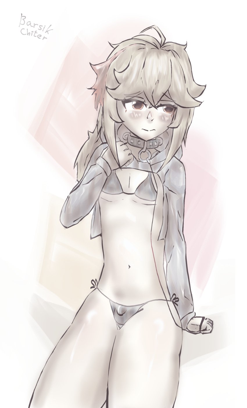 1boy big_butt big_thighs blush bra choker crossdressing cute_male digital_media_(artwork) eyelashes femboy genshin_impact kaedehara_kazuha leash long_sleeves male panties penis_in_panties simple_background skinny thighs topwear