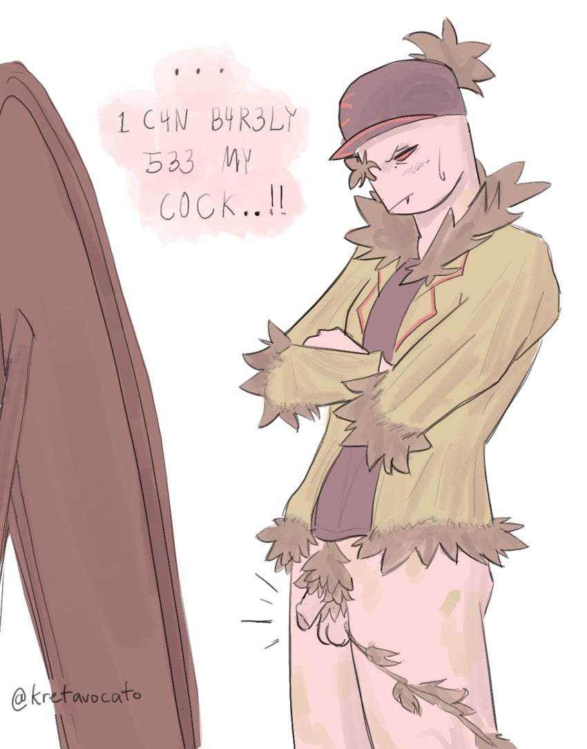 1boy artist_name balls block_tales bottomless dialogue flaccid green_jacket griefer_(block_tales) kretavocato looking_at_penis male mirror penis realistic_penis_size roblox roblox_game robloxian self_upload solo tagme text