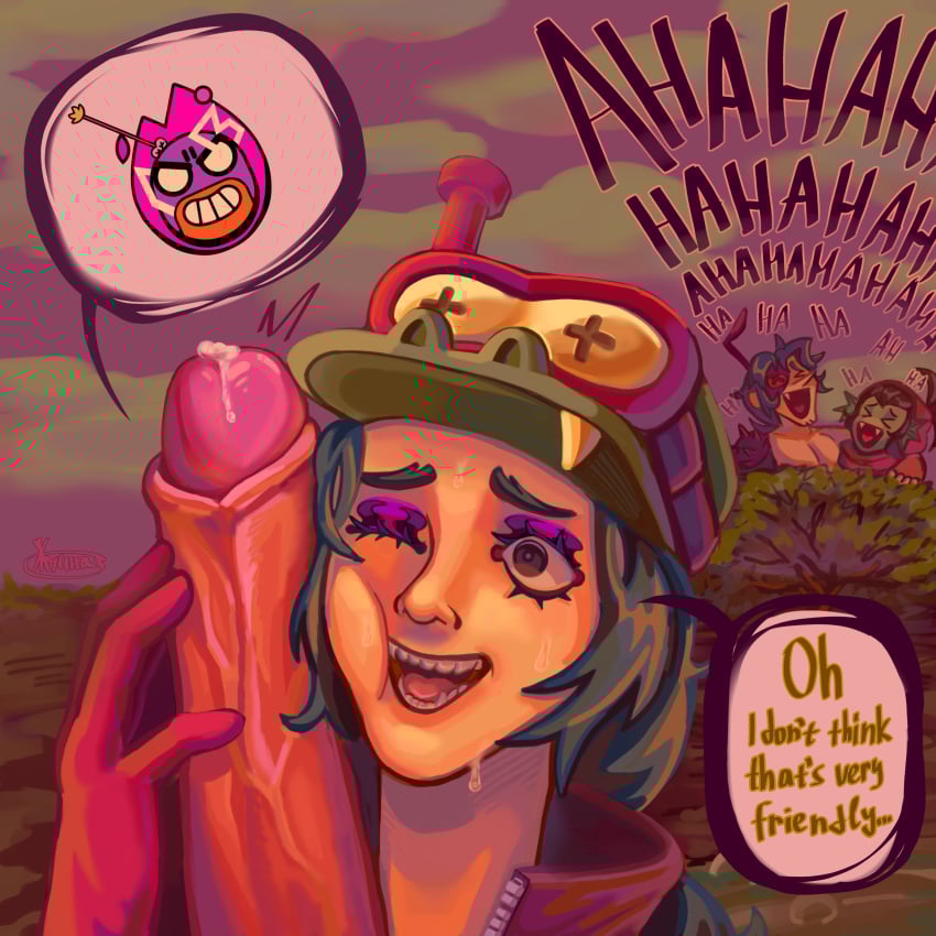 1boy 1girls alli_(brawl_stars) angelo_(brawl_stars) artist_signature black_eyes brawl_stars closed_eyes dialogue el_primo_(brawl_stars) english_text eyelashes female female_focus green_hair hat huge_cock hypercharge imminent_oral laugh light_skin male one_eye_closed open_mouth penis penis_on_face precum precum_drip sweatdrop text willow_(brawl_stars)
