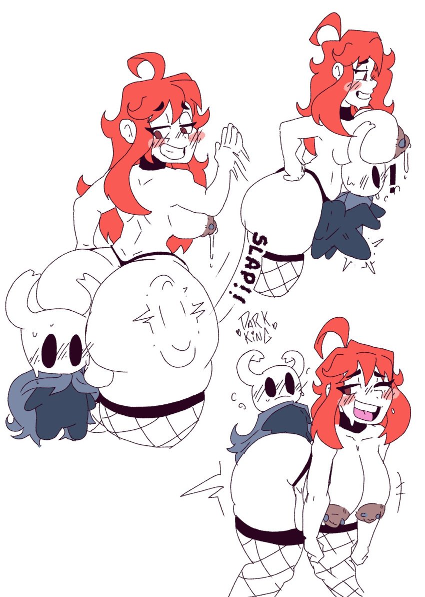 1futa 1other bending_over big_ass big_breasts blush breasts celeste_(game) darkking embarrassed hollow_knight implied_anal indie_cross madeline_(celeste) motion_lines nipple_piercing panties penis piercing red_hair seductive slapping_ass slapping_butt slapping_own_ass tagme the_knight_(hollow_knight) thong