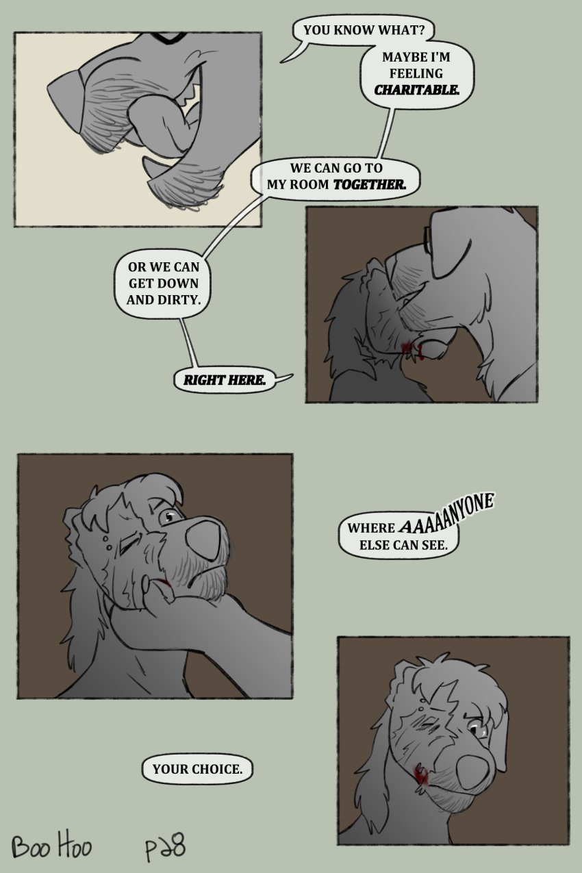 2:3 abuse alternate_universe blood bodily_fluids canid canine canis comic demanding_sex dialogue digital_media_(artwork) domestic_dog duo english_text eyebrow_piercing eyewear facial_hair facial_piercing facial_scar feral fur glasses hair hi_res male male/male mammal muscular piercing puppyratcat requesting scar sex_request simple_background speech_bubble text