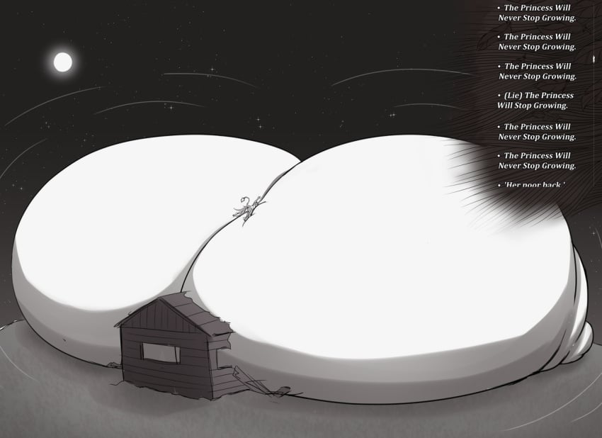breast_expansion breasts_bigger_than_body breasts_bigger_than_building cabin female jim_bazooka monochrome slay_the_princess tail the_witch_(slay_the_princess)