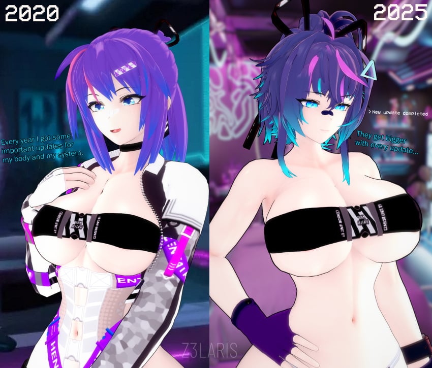 1girls 3d arms_on_breasts arms_on_waist before_and_after big_breasts blue_eyes blue_hair breast_expansion breast_growth breasts choker clothed curvy_body curvy_female curvy_figure cyberpunk female_focus futuristic futuristic_clothing growth large_breasts light-skinned_female light_skin long_hair melody_(projektmelody) multicolored_hair pony_tail projektmelody purple_hair solo solo_female solo_focus standing text twitch virtual_youtuber vshojo wide_hips youtube z3laris