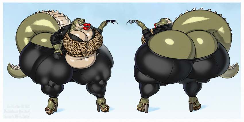 1girls 2021 absurd_res alligator alligatorid anthro ass aviator_sunglasses big_ass big_butt borisalien butt clothed clothing crocodile crocodilian crocodylid digital_media_(artwork) eyewear female female_only glasses hi_res high_heels holding_eyewear holding_object holding_sunglasses huge_ass huge_butt huge_thighs hyper hyper_ass hyper_butt jewelry leopard_print lip_piercing lips lipstick overweight overweight_female piercing reptile simple_background solo sunglasses thick_thighs