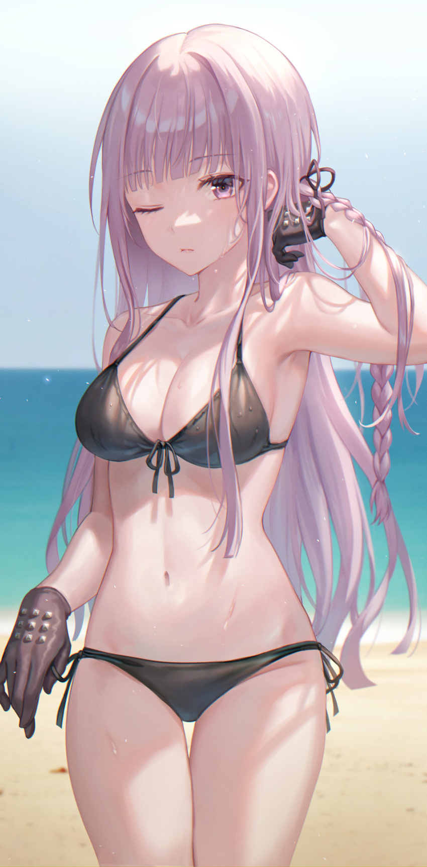 1girls absurdres bangs bare_arms bare_midriff bare_shoulders bare_thighs beach belly big_breasts bikini bikini_bottom bikini_top black_bikini black_bikini_bottom black_bikini_top black_swimsuit braid breasts cleavage collarbone danganronpa danganronpa:_trigger_happy_havoc danganronpa_1 danganronpa_3 danganronpa_s:_ultimate_summer_camp female female_only front-tie_bikini front-tie_top gloves hand_in_hair highres human human_only kirigiri_kyouko light-skinned_female light_skin long_hair looking_at_viewer midriff navel ocean one_eye_closed purple_eyes purple_hair sea seaside side-tie_bikini side-tie_bottom solo solo_female stomach straight_hair swimsuit thighs tokkyu very_long_hair water wet