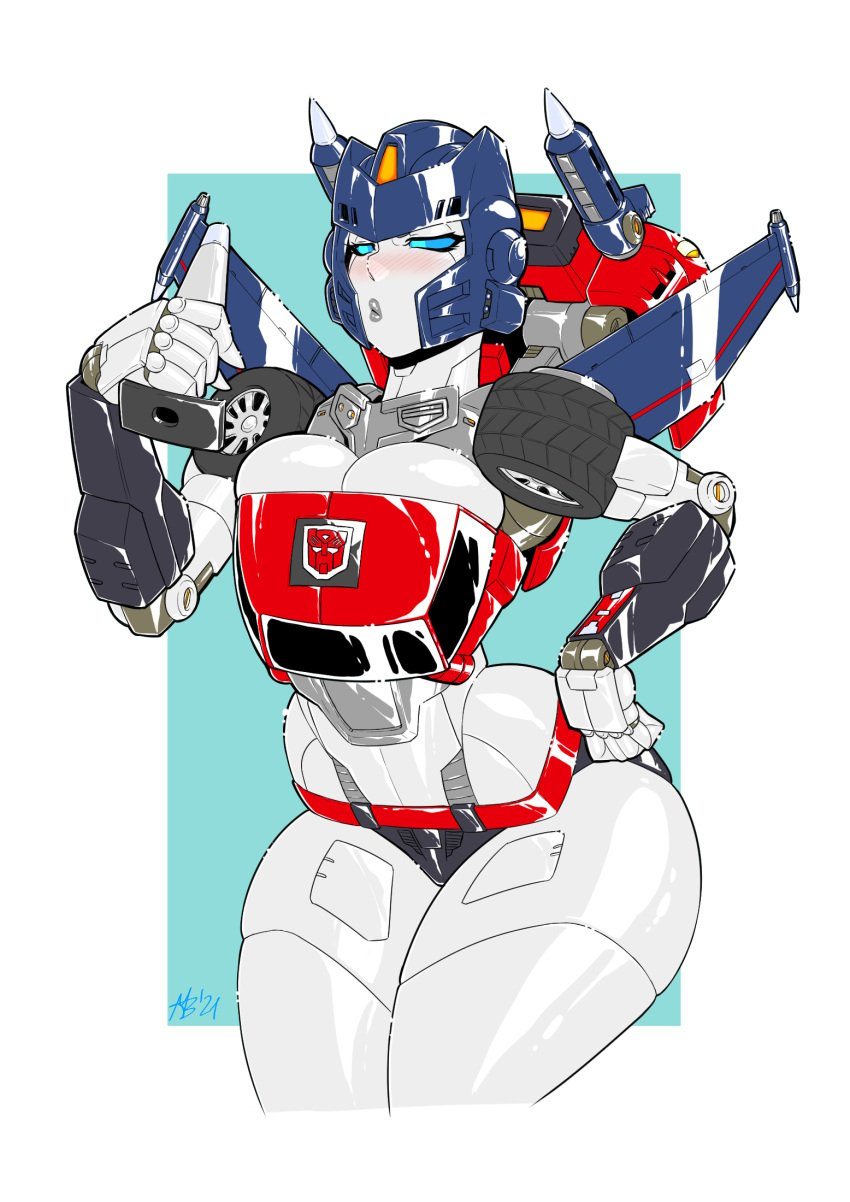 1girls armor autobot blue_eyes breast_press breast_squeeze cleavage female female_focus female_only headdress helmet holding_object looking_at_object mad-project multicolored_body road_rage robot_girl robot_humanoid thick_thighs transformers transformers_g1 wings