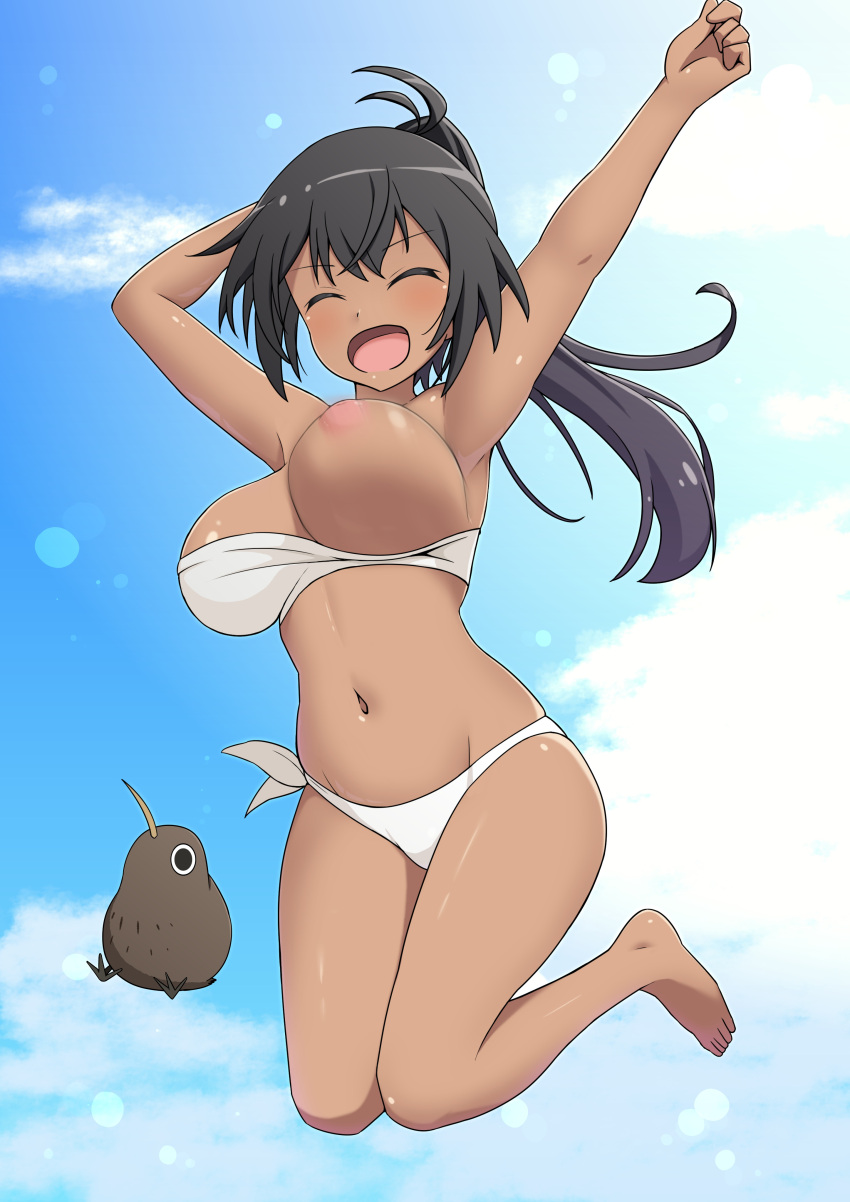 absurdres bikini bird black_hair blush bouncing_breasts breast_slip breasts closed_eyes female full_body guchiaki highres jumping kiwi_(bird) large_breasts long_hair luminous_witches manaia_matawhaura_hato navel nipples one_breast_out open_mouth outdoors ponytail shiny_skin side-tie_bikini_bottom sky smile swimsuit wardrobe_malfunction white_bikini world_witches_series