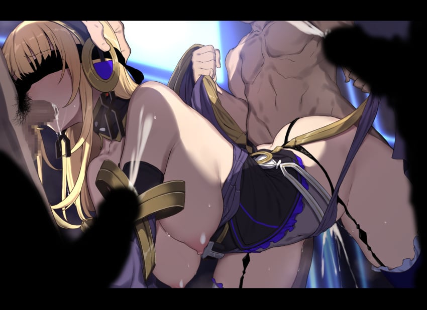 4boys all_fours ass blindfold blonde_hair blush breasts censored clenched_teeth clothing collar cum elbow_gloves erection evelysse_(star_ocean) fellatio female gangbang garter_belt garter_straps gloves group_sex hand_on_head hanging_breasts headphones highres irrumatio large_breasts long_hair mosaic_censoring multiple_boys nagioka nagioka_(sblack) navel oral penis penis_on_face pubic_hair pussy_juice rape sblack see-through spitroast star_ocean star_ocean_anamnesis stockings sweat teeth thighhighs