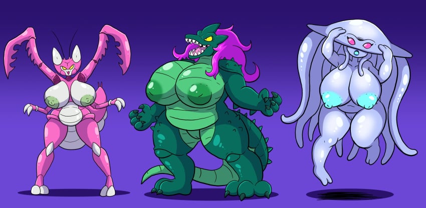 3girls belly_expansion fat lizard lizard_girl mantis mantis_girl medusozoan medusozoan_humanoid multiple_girls overweight post_transformation prinnydood slightly_chubby weight_gain