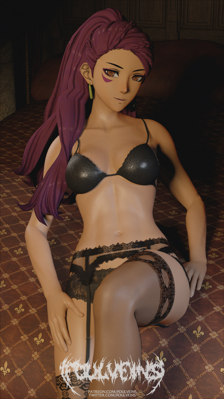 1girls 3d black_lingerie black_panties braid brown_eyes earrings fire_emblem fire_emblem:_three_houses foulveins garter_belt indoors lingerie long_hair looking_at_viewer medium_breasts nintendo on_ground panties petra_macneary ponytail post-timeskip purple_hair sitting smile solo solo_female thighhighs