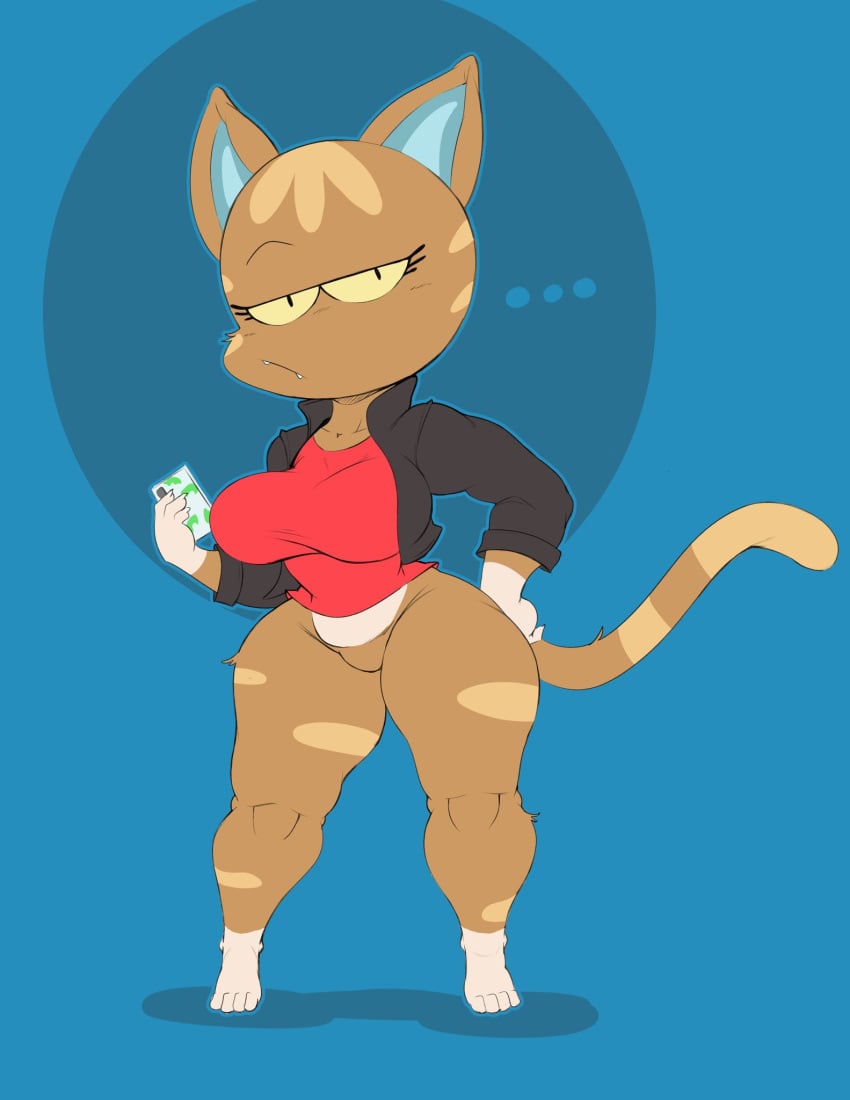 ... animal_crossing big_breasts bottomless featureless_crotch feline female fur hand_on_hip impossible_clothes impossible_fit impossible_shirt katt_(animal_crossing) nintendo phone purple_yoshi_draws shortstack thick_thighs video_games wide_hips