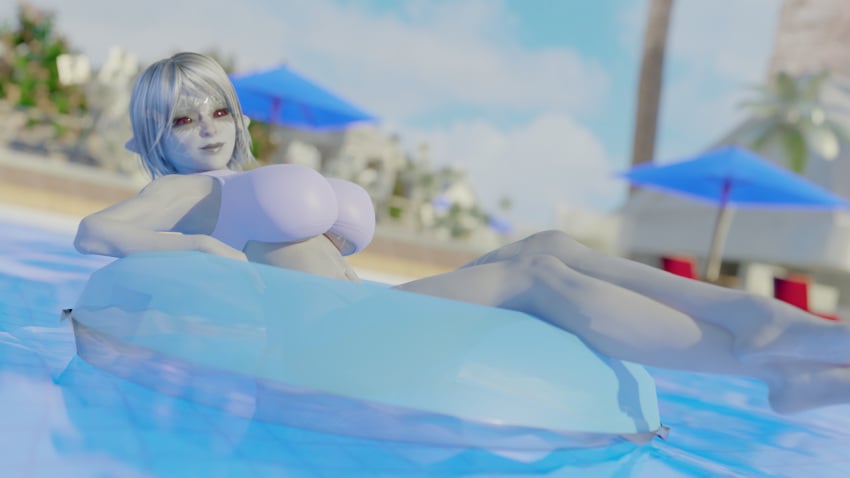 3d bikini elf female grey_skin large_breasts pool raeza red_eyes tradelt