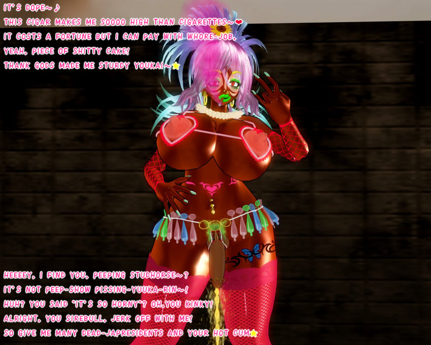 1futa 3d alternate_skin_color bimbo bimbofication corruption dark_skin female futa_only futanari ganguro gyaru light-skinned_futanari mead_(artist) peeing penis pink_hair prostitution solo solo_female stack_bond standing standing_pee tan touhou transformation urinating urinating_female urination urine urine_stream yamanba yuka_kazami