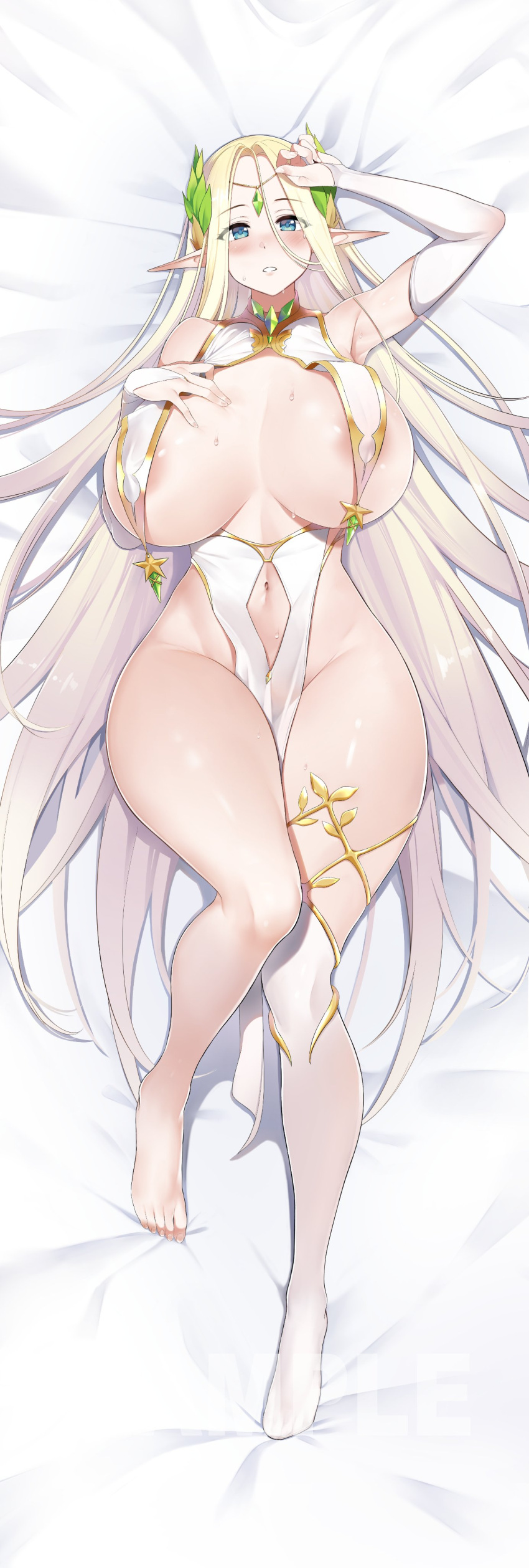 1girls absurd_res blonde_hair blue_eyes blush breast_curtains breasts cerestia_of_life dickbomber elf feet female female_only full_body hand_on_breast hi_res large_breasts last_origin looking_at_viewer lying mature_female midriff shiny_skin solo thick_thighs thighs wide_hips