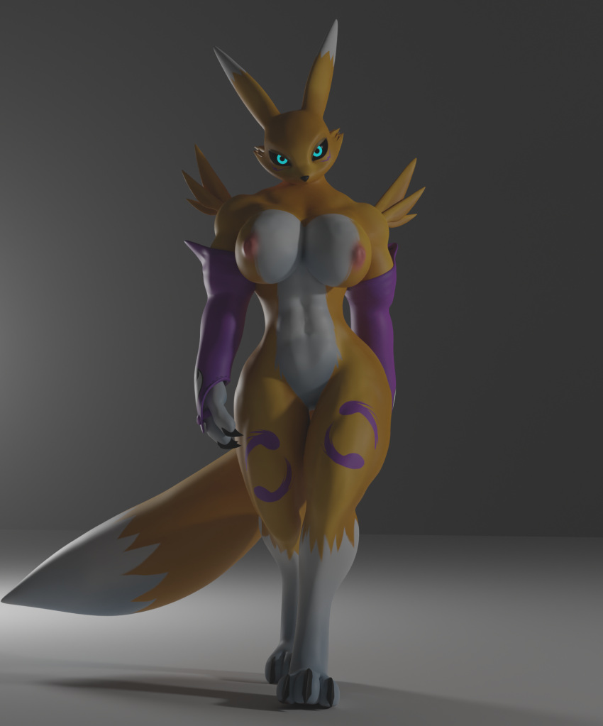 3d anthro big_breasts big_muscles blue_eyes breasts claws digimon furry huge_breasts jigjig looking_at_viewer muscular nipples renamon two_tone_body walking