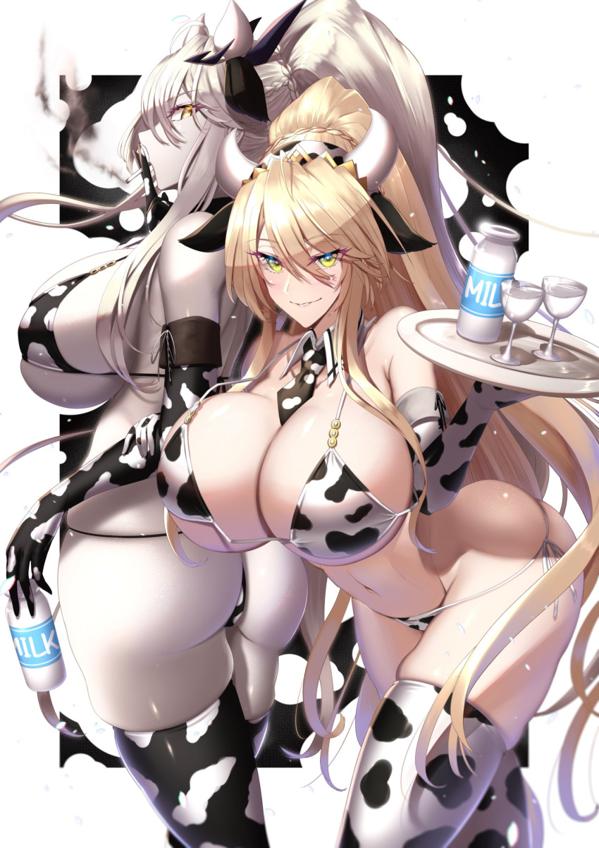 2021 2girls ahoge armpit_crease artoria_pendragon artoria_pendragon_(lancer) artoria_pendragon_(lancer_alter) artoria_pendragon_(swimsuit_ruler) ass ass_cheeks ass_shot back_view barely_contained bikini blonde_hair blush breasts cleavage cow_ears cow_girl cow_horns cow_print cow_print_armwear cow_print_bikini cow_print_thighhighs detached_collar facing_away fate/grand_order fate_(series) female female_focus female_only front_view glass gloves green_eyes hi_res hips holding_object huge_ass huge_breasts leaning_forward long_gloves long_hair long_ponytail looking_at_viewer looking_over_shoulder lowleg_bikini mature_female micro_bikini milk milk_bottle naughty_face necktie pale-skinned_female pale_skin ponytail royalty serving_tray shiroshisu side-tie_bikini sideboob simple_background skindentation smile smiling_at_viewer suggestive_look swimsuit thick_thighs thighhighs thighs underboob white_background white_hair wide_hips yellow_eyes