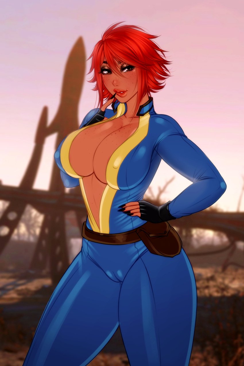 bethesda_softworks black_nails caira_(law-zilla) cameltoe cleavage erect_nipples fallout female freckles hips law-zilla long_fingernails looking_at_viewer red_hair solo solo_female vault_dweller vault_girl vault_suit