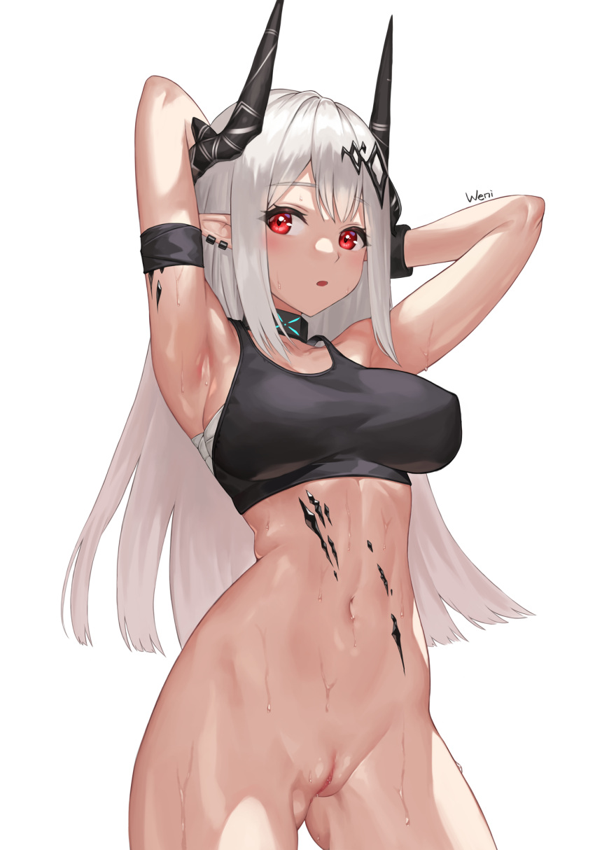 1girls :o arknights armband armpits arms_behind_head arms_up artist_name bare_shoulders black_choker black_horns black_tank_top blush breasts censored choker cleft_of_venus clitoris cowboy_shot ear_piercing eyelashes female gluteal_fold highres horns karmiel long_hair looking_at_viewer medium_breasts mosaic_censoring mudrock_(arknights) navel nipples open_mouth piercing pointy_ears pussy red_eyes sarashi shiny_skin simple_background solo standing stomach sweat tank_top very_long_hair white_background wrist_cuffs