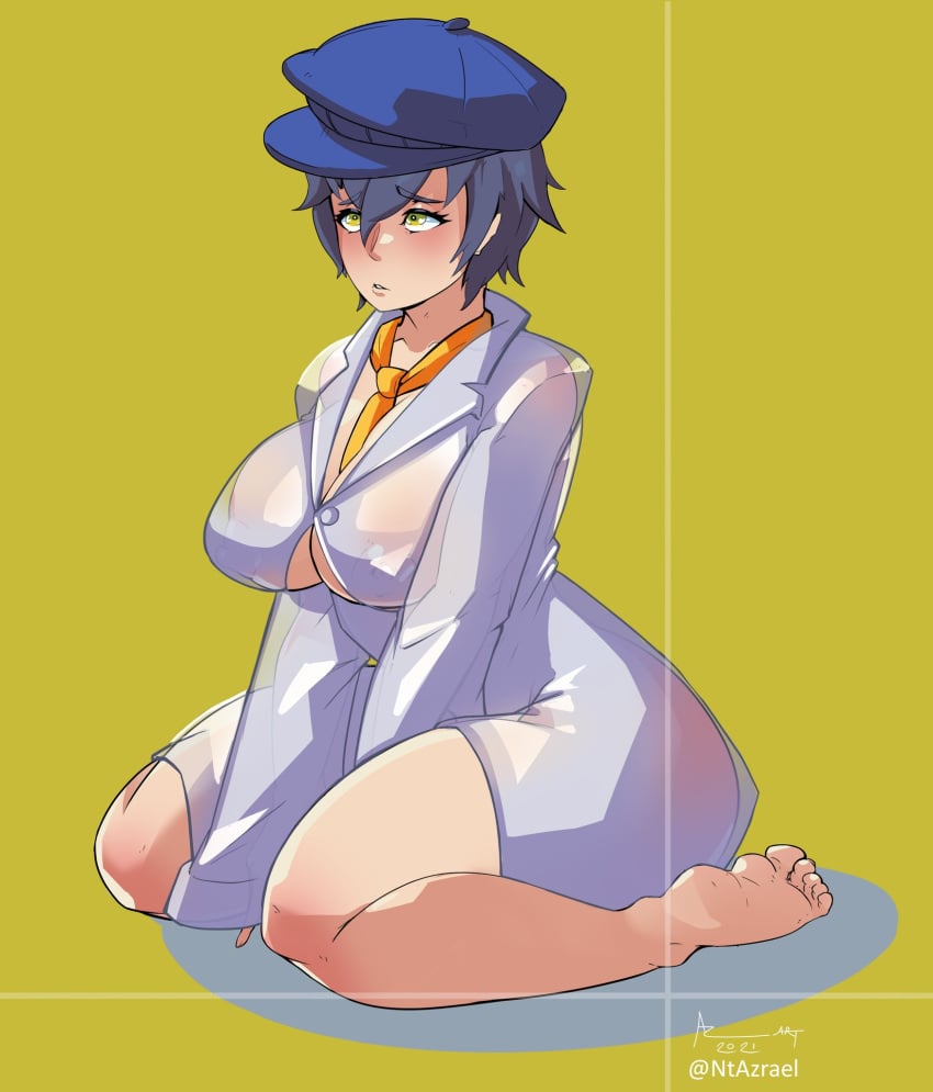 blue_hair clothed crouching lab_coat ntazrael persona persona_4 see-through see-through_clothing shadow_naoto shadow_self_(persona) shirogane_naoto tie underboob yellow_eyes