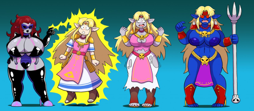 blue_skin breast_expansion female ganon identity_death loincloth muscular_female oni princess_zelda prinnydood red_eyes the_legend_of_zelda transformation transformation_sequence zelda_(a_link_between_worlds)