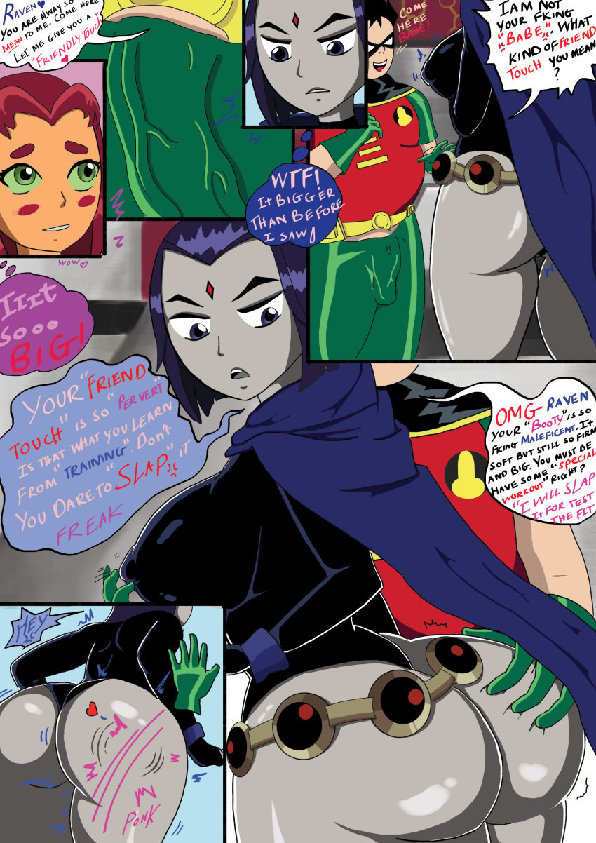 1boy 2girls ass ass_grab big_ass bulge comic dc dc_comics dick_grayson english_text engrish female goth grey_skin groping huge_ass male multiple_girls overweight_male rachel_roth raven_(dc) robin_(dc) robin_(dick_grayson) spanking starfire teen_titans teen_titans:_robin_destiny text typo vn_simp