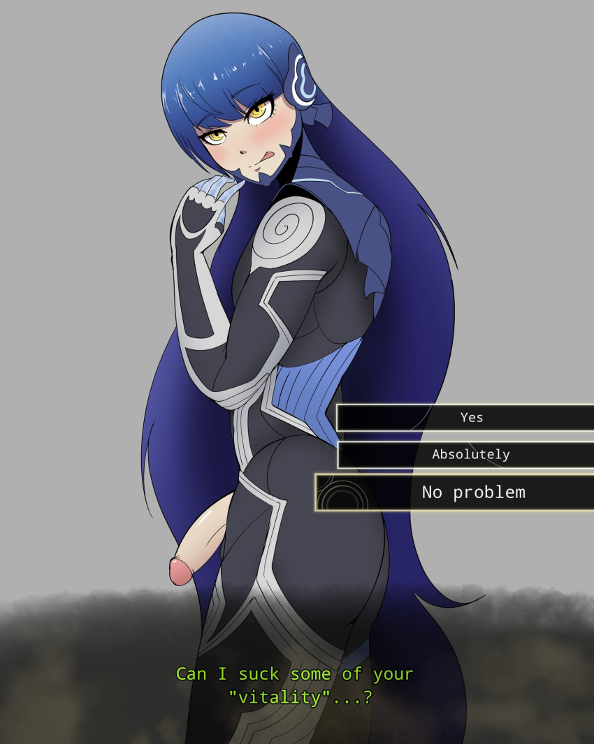 1boy atlus blue_hair blush dialogue femboy licking_lips long_hair looking_at_viewer looking_back nahobino_(smt) naver protagonist_(shin_megami_tensei_v) shin_megami_tensei shin_megami_tensei_v solo_male tagme text very_long_hair