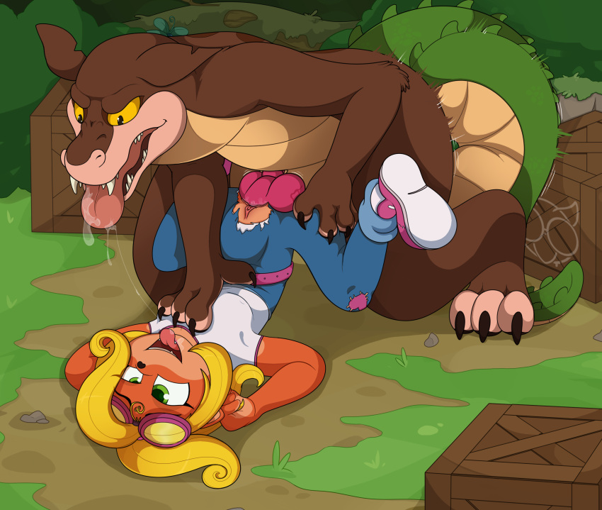 1boy 1girls after_sex ahe_gao anthro blonde_hair clothed clothed_sex coco_bandicoot crash_(series) dingodile furry green_eyes knot male_domination open_mouth outside penis ponytail pussy saliva sex smile tongue_out torn_clothes vagina vaginal_penetration vorechestra