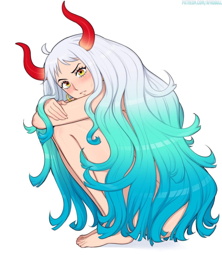 1girls afrobull bad_censor big_breasts blue_hair breasts brown_eyes covering crouching curvy demon ear_piercing earrings female female_focus female_only gradient_hair green_hair hi_res highres hoop_earrings horn horned_humanoid horns humanoid inferior_version light-skinned_female light_skin long_hair multicolored_hair nude one_piece oni oni_horns shounen_jump simple_background solo two_tone_hair white_background white_hair wide_hips yamato_(one_piece) youkai