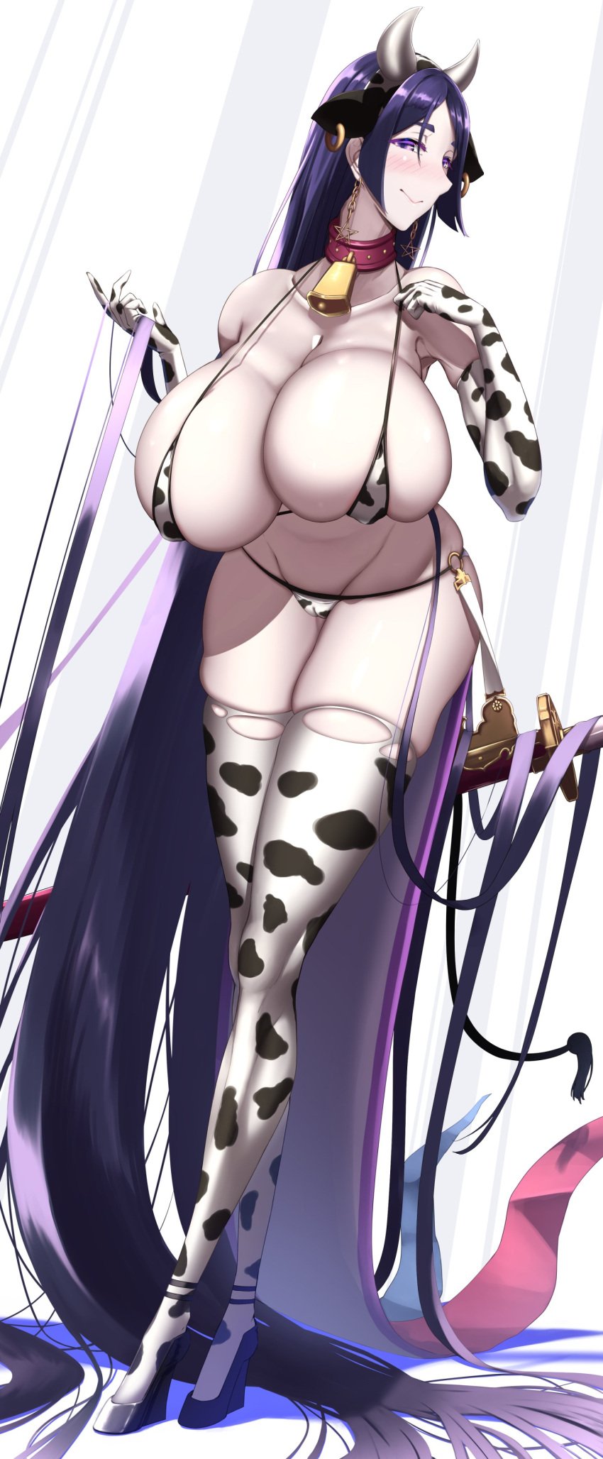 1girls 2021 armpits barely_contained bikini black_heels breasts choker cleavage cow_bikini cow_ears cow_girl cow_horns cow_print cow_print_armwear cow_print_thighhighs cowbell ear_piercing fate/grand_order fate_(series) female female_focus female_only hanging_breasts head_turned heels hips huge_breasts leaning_forward long_gloves long_hair long_legs looking_at_viewer lowleg_bikini massive_breasts mature_female micro_bikini milf minamoto_no_raikou_(fate/grand_order) naughty_face pale-skinned_female pale_skin purple_eyes purple_hair shiroshisu sideboob simple_background skindentation smile smiling_at_viewer solo suggestive_look swimsuit sword thick_thighs thighhighs thighs tight_clothing tight_fit very_long_hair weapon white_background wide_hips