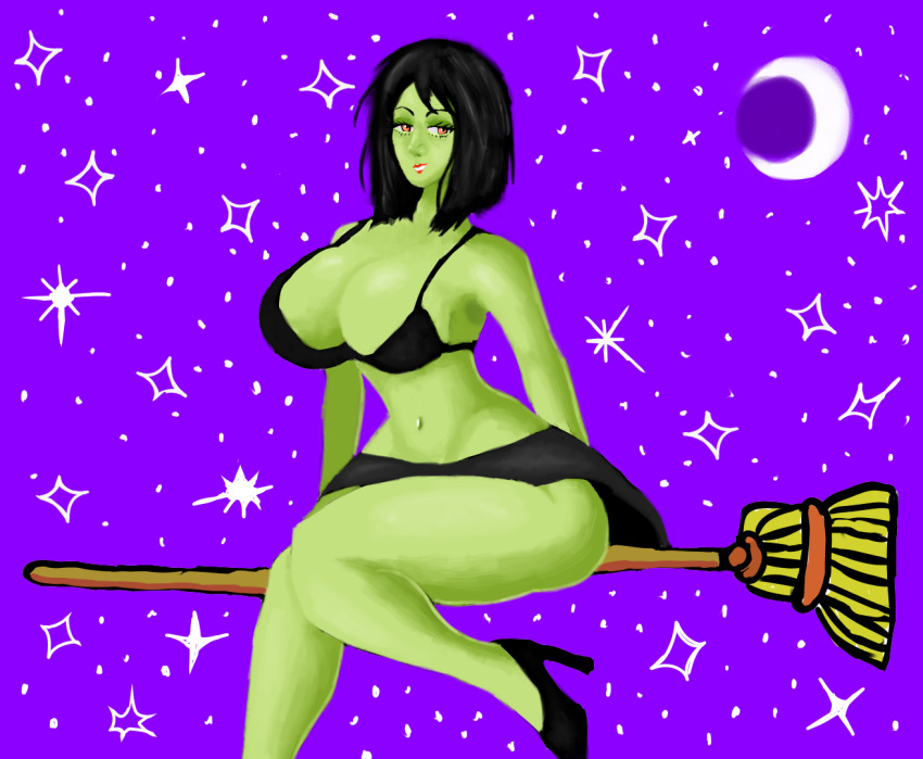 banjo-kazooie black_bra black_hair broom broomstick flying game_over_gruntilda gatherer green_skin gruntilda moon night rareware stars witch