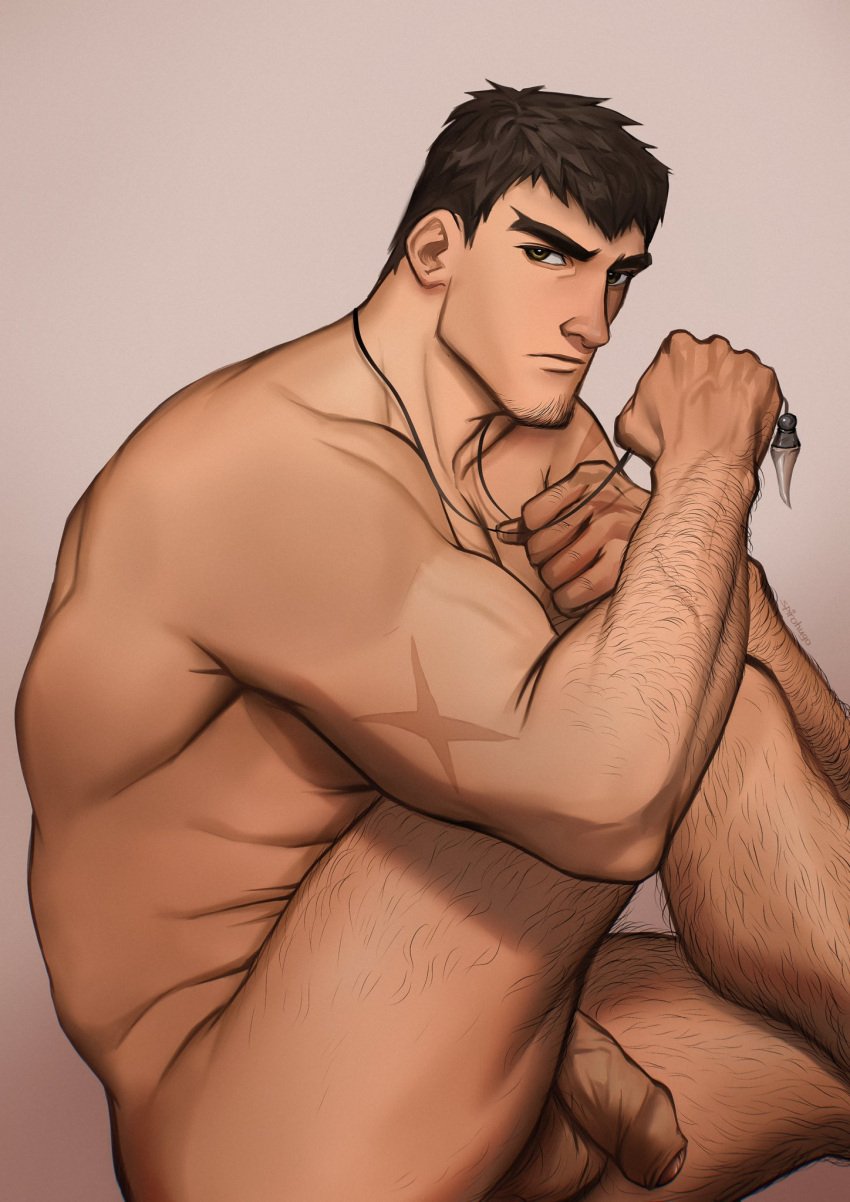 1boy arm_hair bara brown_hair completely_nude davion dota dota:_dragon's_blood dota_2 facial_hair flaccid foreskin forked_eyebrows from_side goatee highres leg_hair looking_at_viewer male male_focus male_only mature_male muscular muscular_male nude penis realistic scar_on_arm seupil_hyugo_(spirohugo) short_hair sitting solo stubble tan-skinned_male tan_skin thighs tooth_necklace uncut veins veiny_penis