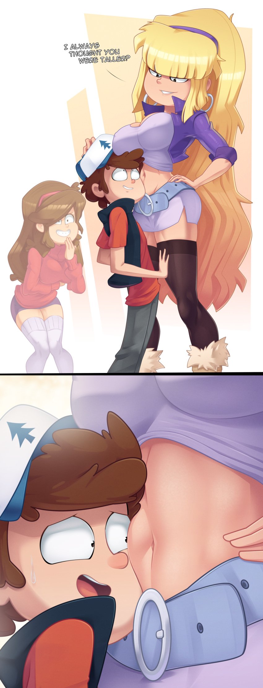 1boy 2girls abs aged_up bangs baseball_cap belt big_breasts blonde_hair boots breasts brown_hair cap cleavage clothed clothing color comic couple dipper_pines disney disney_channel earrings english_text female gravity_falls hairband hand_on_head hat high_heel_boots high_heels holding hoop_earrings human human_only larger_female legwear light-skinned_female light-skinned_male long_hair mabel_pines male midriff miniskirt navel pacifica_northwest pine_tree_(symbol) ravenravenraven short_skirt shorter_male size_difference skirt slim_waist smaller_male smile smooth_skin standing stomach sweat sweater taller_female taller_girl text thighhighs thighs very_long_hair zettai_ryouiki