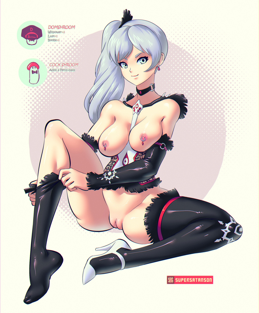 1girls absurdres areolae boots breasts cockshroom domshroom female female_only high_heels highres looking_at_viewer nipple_piercing nipple_ring nipples no_shoes penis_mushroom piercing pussy rwby solo spread_legs supersatanson thighhighs weiss_schnee white_hair